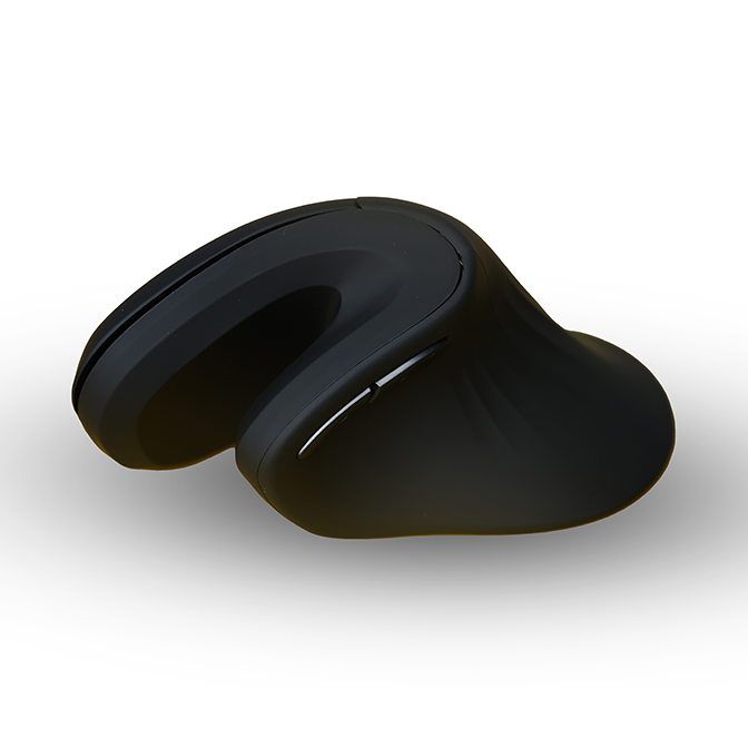A black ergonomic mouse, shown from a three-quarters perspective on a white background with a soft shadow.