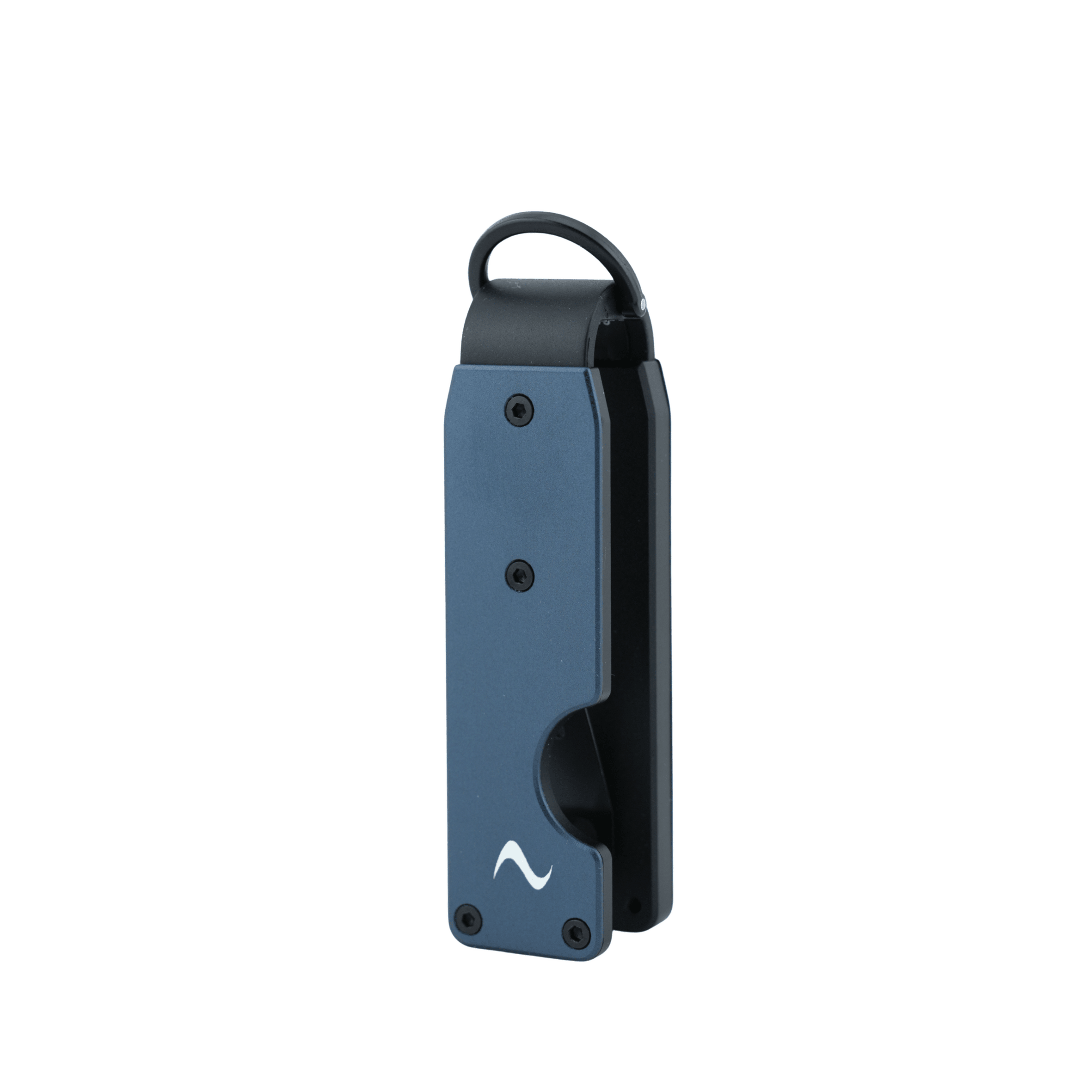 A slim, multi-tool style pocket key organizer with a dark blue anodized metal body, black clip and loop, and a small white wave logo near the bottom, shown on a plain white background.