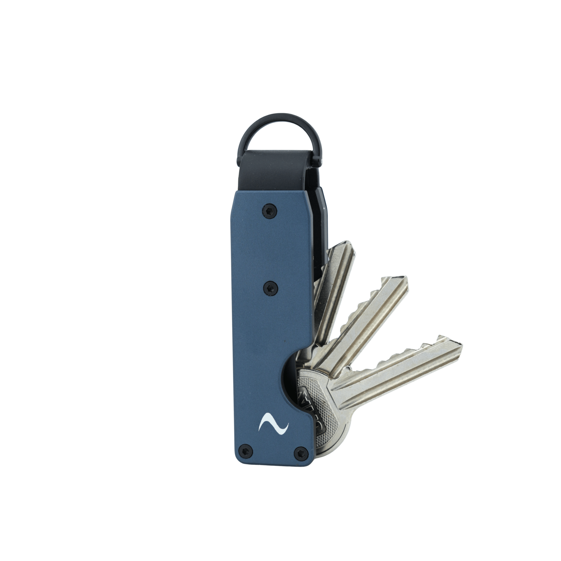 A blue and black pocket keychain tool with several metal keys partially extended, shown on a plain white background.