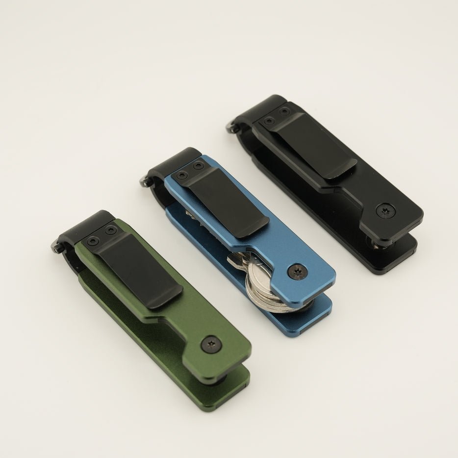 Three Key Organizers in black, blue, and green on a white background