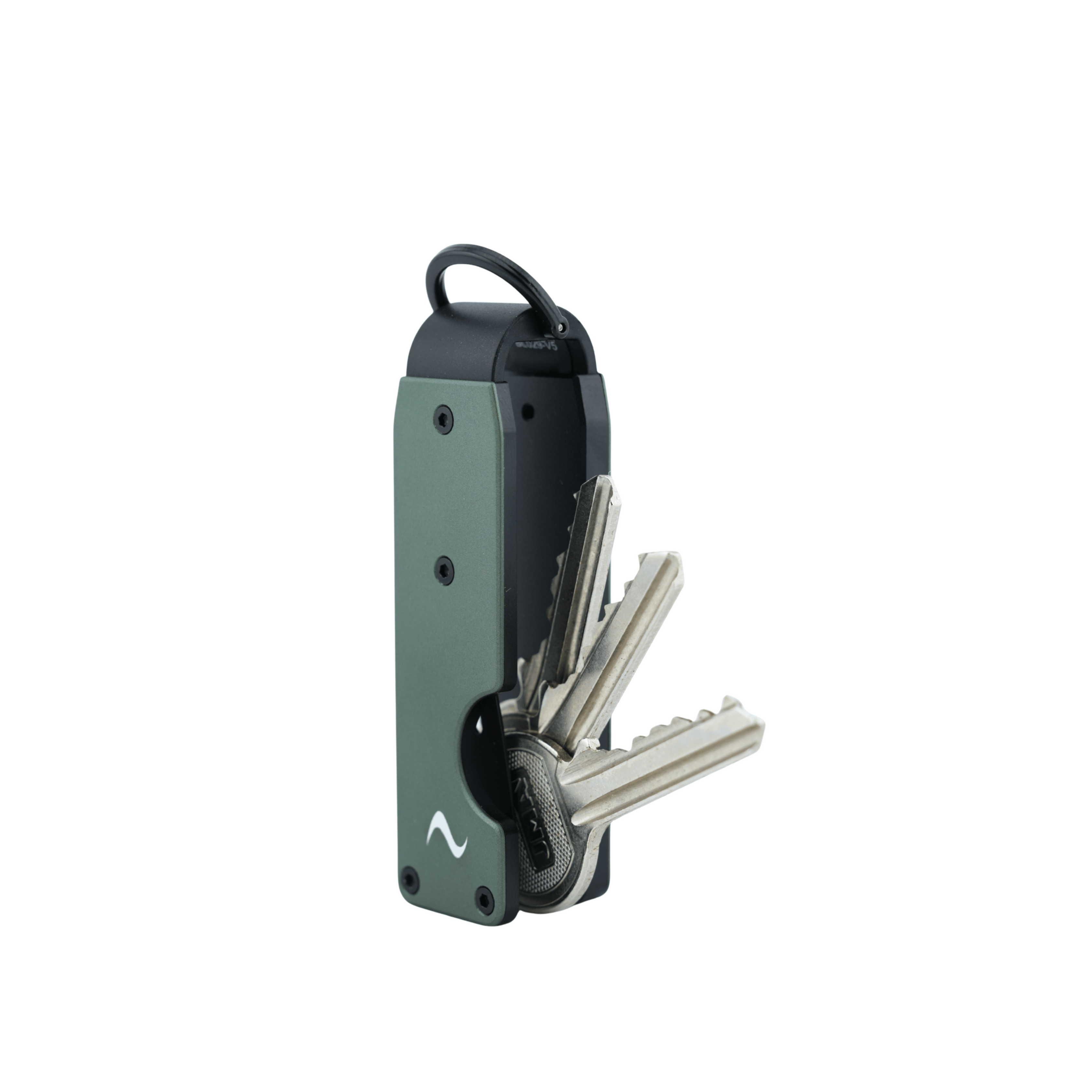 A pocket keychain tool with a dark green and black body, holding several metal keys, shown on a plain white background.