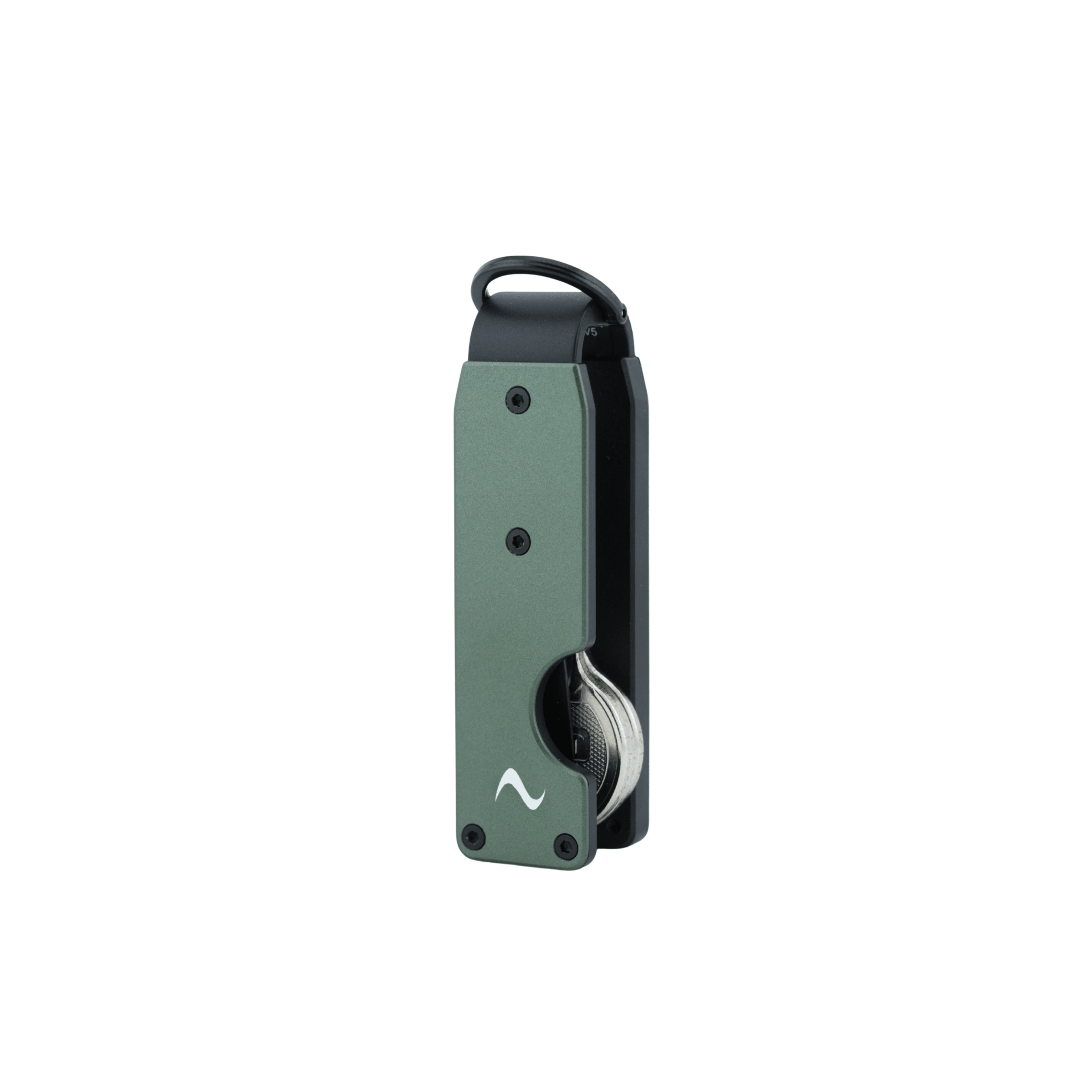 A slim, multi-tool style pocket keychain with a dark green anodized aluminum body, black top loop, and silver metal tools partially extended, shown on a plain white background.