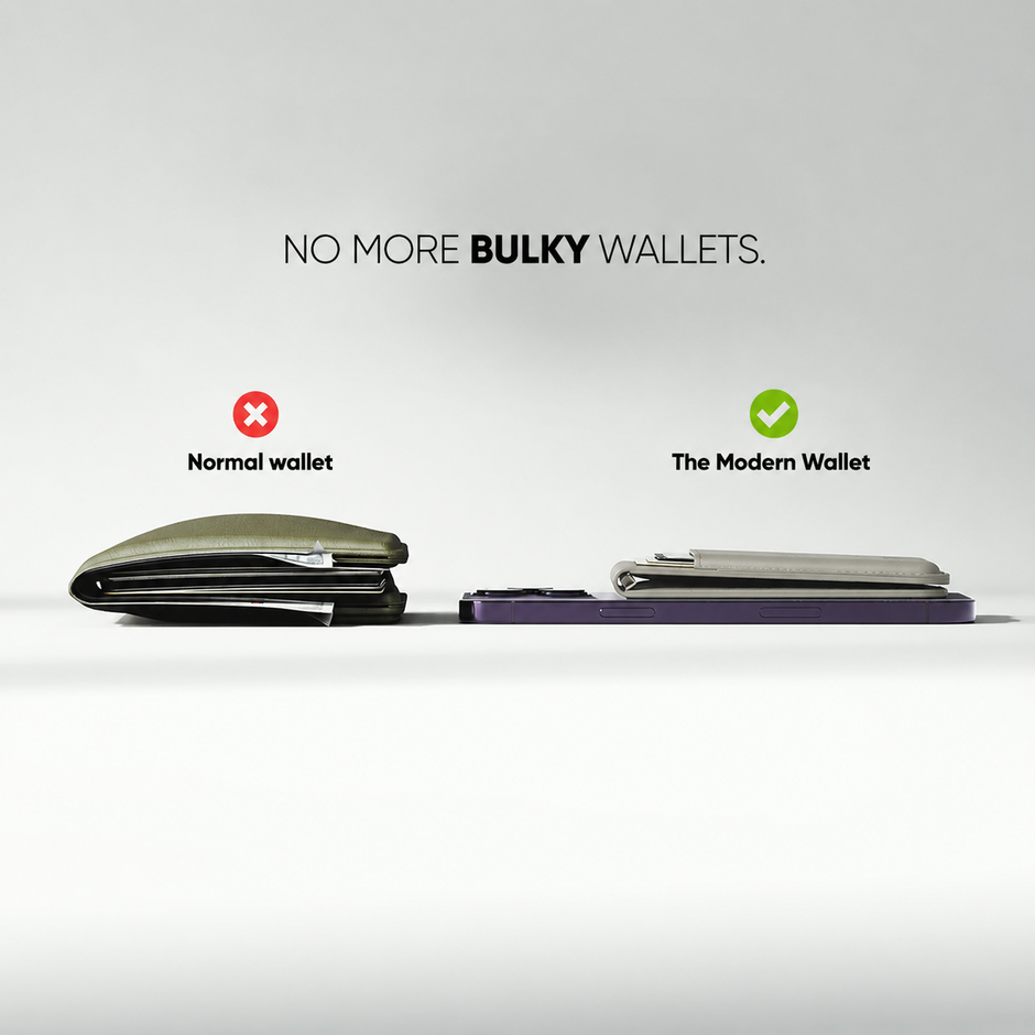 A promotional comparison showing two wallets on a clean light gray background with text reading 'NO MORE BULKY WALLETS.' A red 'X' label points to a larger olive wallet labeled 'Normal wallet,' and a green '✓' label points to a sleeker modern wallet labeled 'The Modern Wallet.