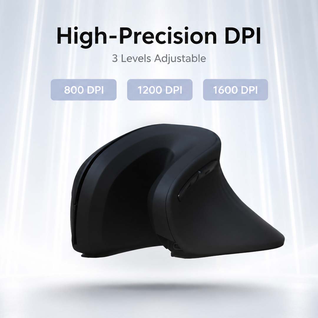 A black curved ergonomic mouse shown on a light gray background with promotional text reading 'High-Precision DPI', '3 Levels Adjustable', and DPI options 800 DPI, 1200 DPI, and 1600 DPI.