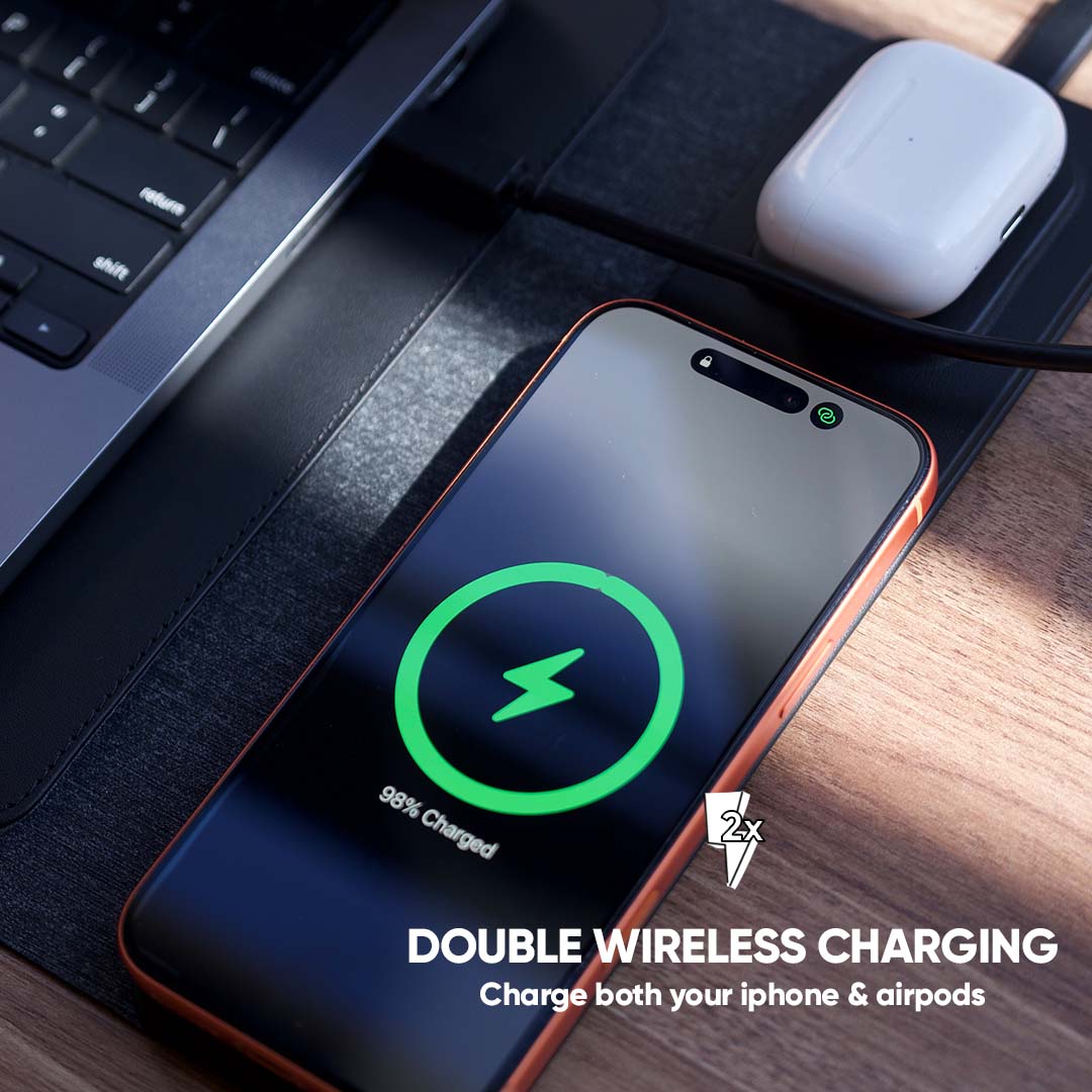 A laptop sleeve with a built-in charging station for phones and airpods