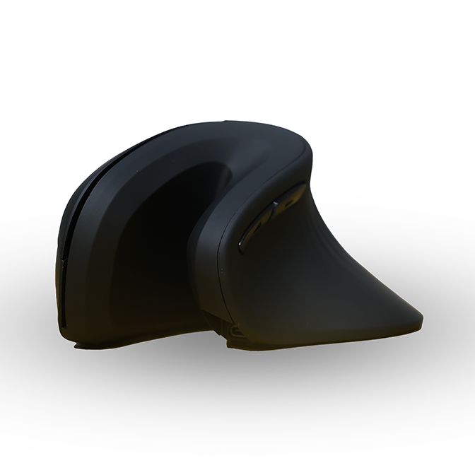 A black ergonomic computer mouse shown from a three-quarters perspective on a clean white background with a soft shadow.