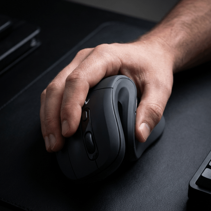 A close-up of a hand holding a dark gray ergonomic wireless mouse on a black desk mat, with part of a keyboard visible in the corner.